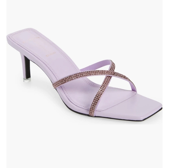 Black Suede Studion Ari Purple Metallic Stiletto Slide Sandals Size 6.5 - Picture 1 of 6